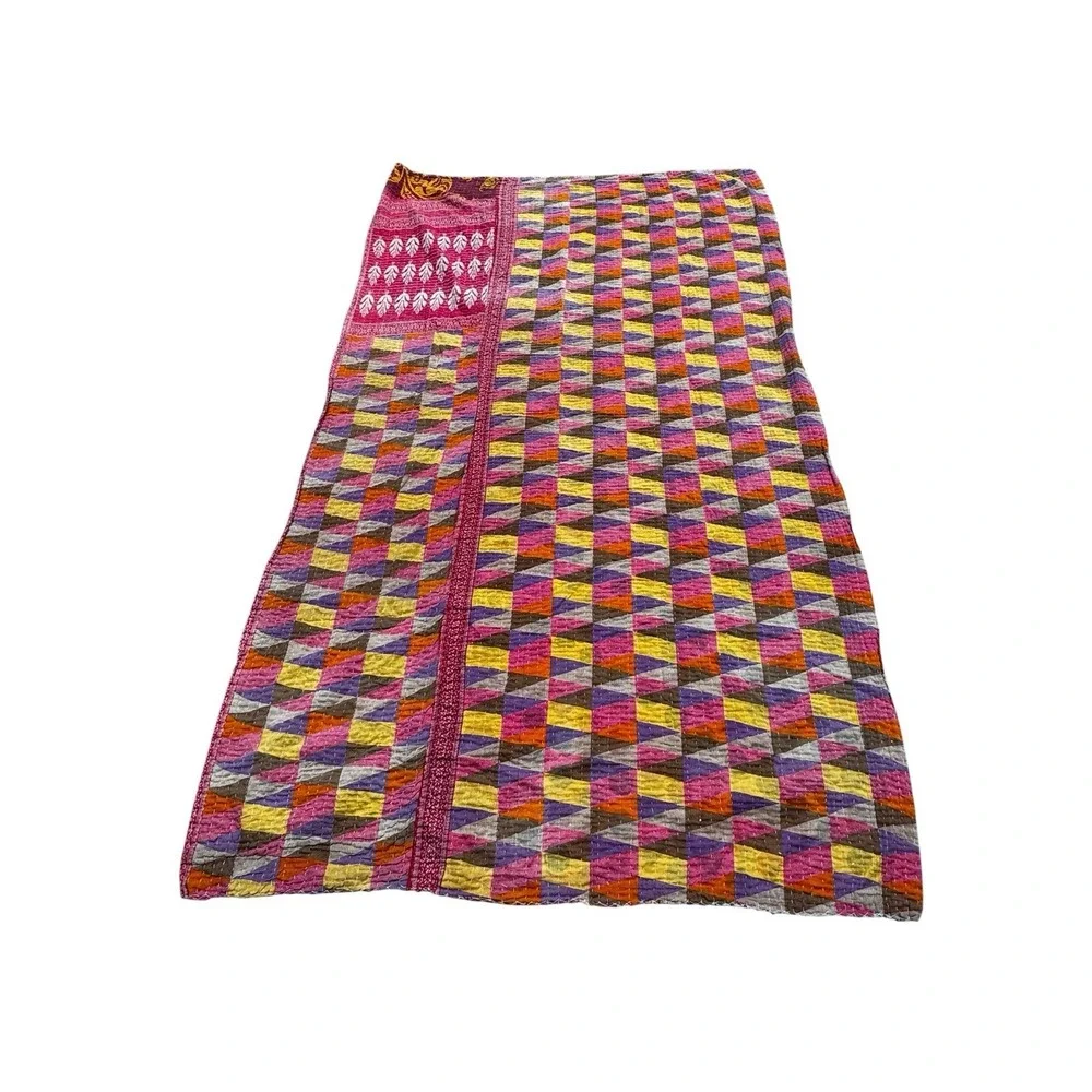 Handmade Kantha Quilt Throw Blanket Reversible Parchwork Boho Cottagecore 48x86